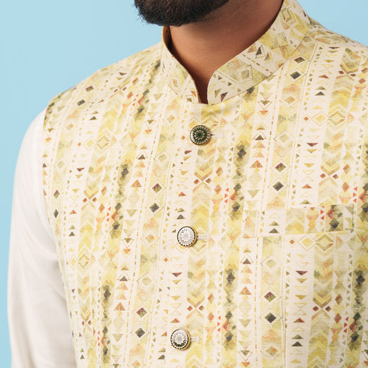 Signature Waistcoat (Cream-Olive Print)