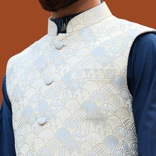 Imperial WaistCoat (Off White-Sky Blue Embroidery)