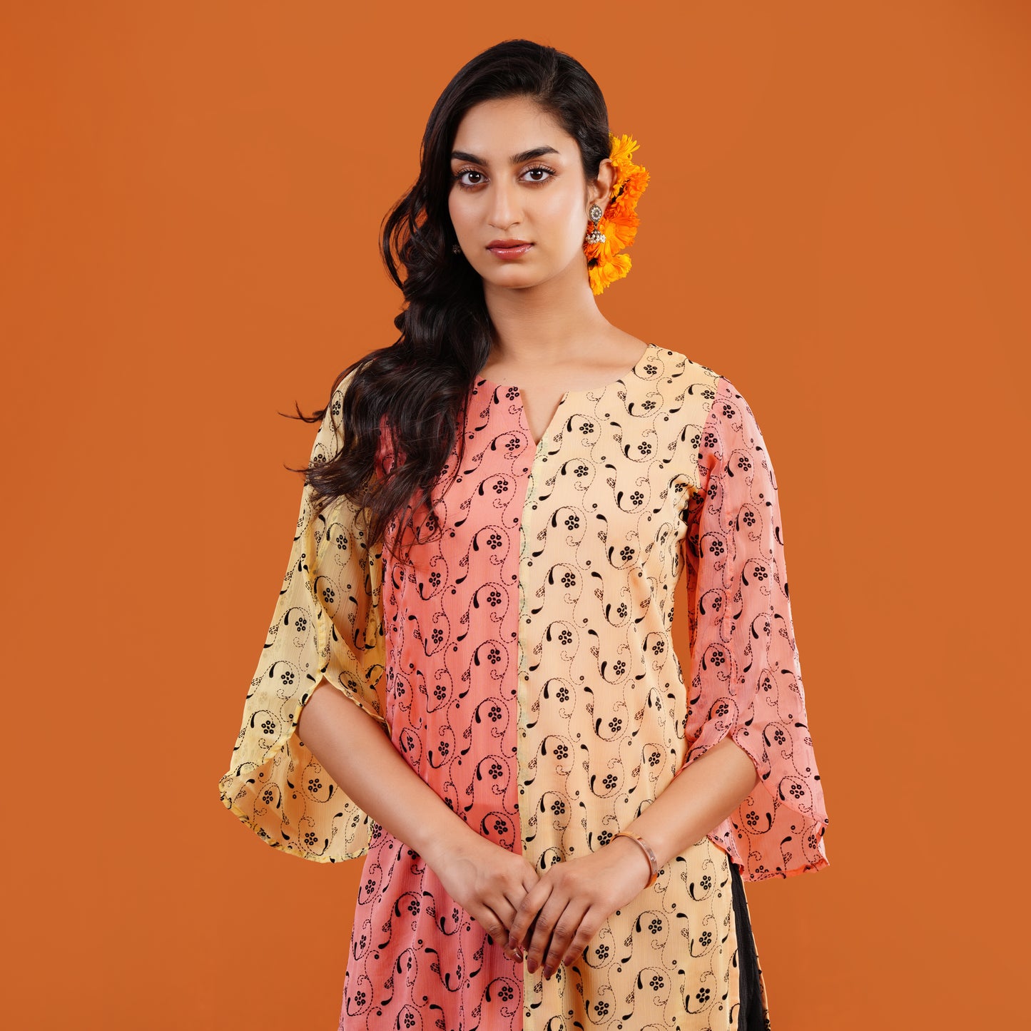 Royal Kurti (Soft Peach & Pastel Yellow)