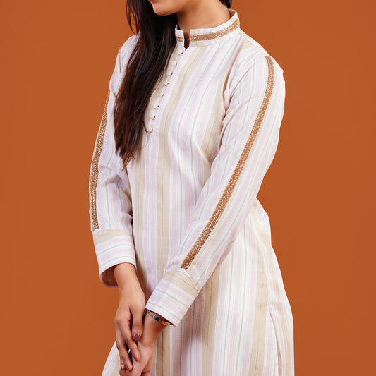 Signature Kurti (Beige & Pink Stipe)