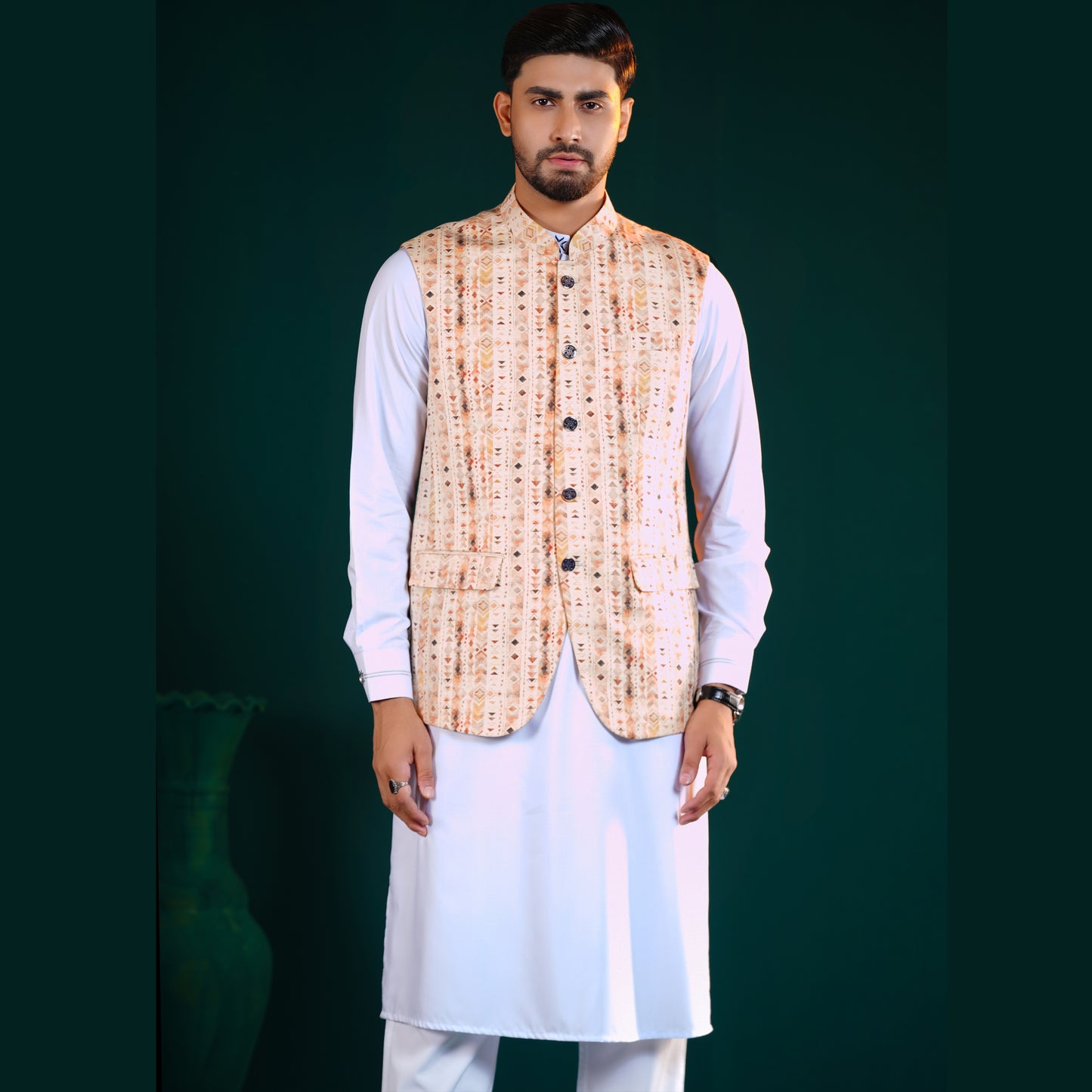 Signature Waistcoat (Cream-Beige Print)