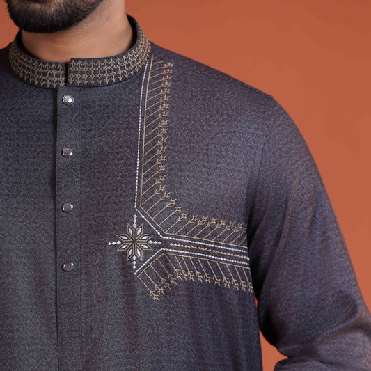 YAMAAN Dark gray embroidered panjabi with intricate patterns on a brown background