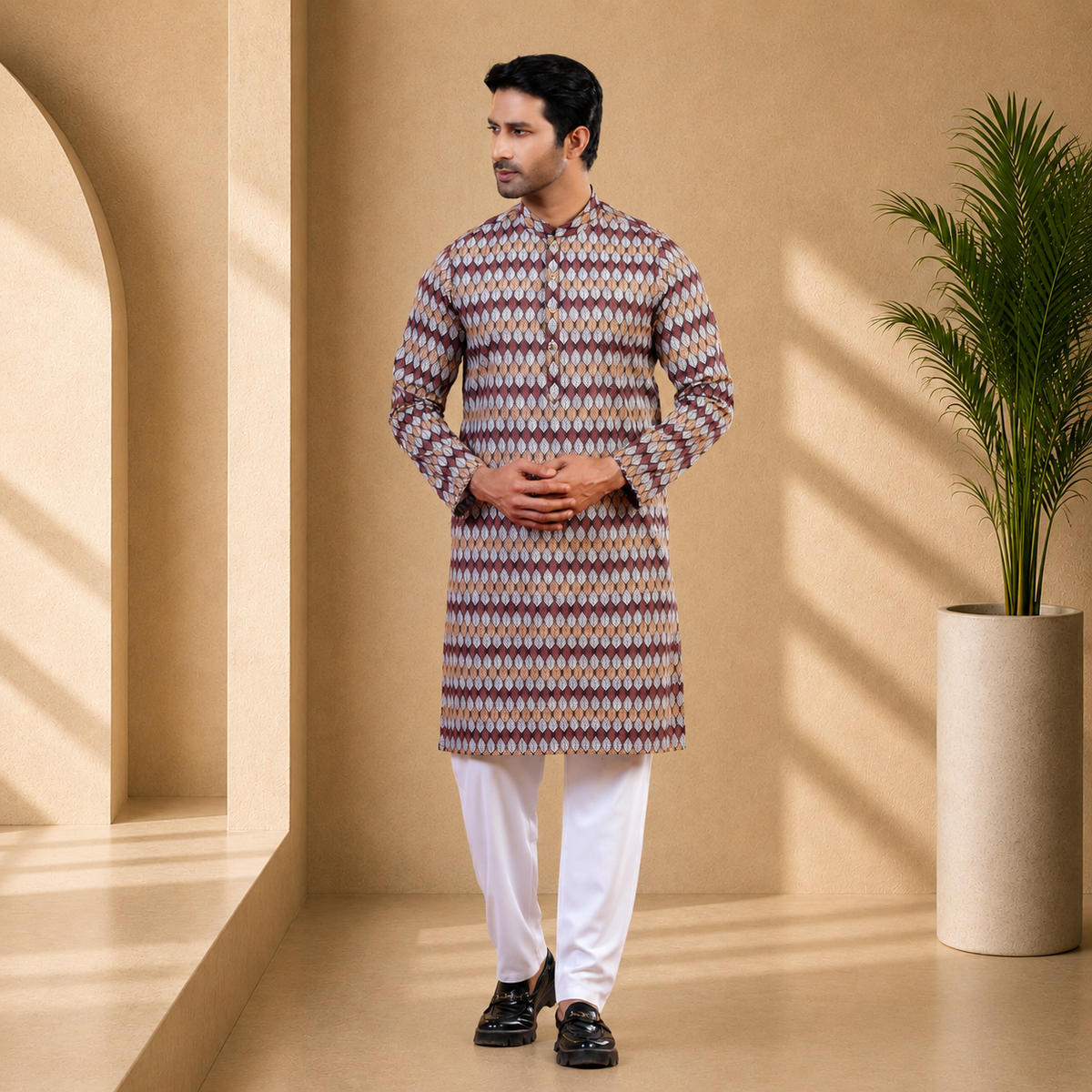 Man wearing a yamaan-royal-panjabi-burnt-orange-geometric-print with white pants in a well-lit room with a plant.