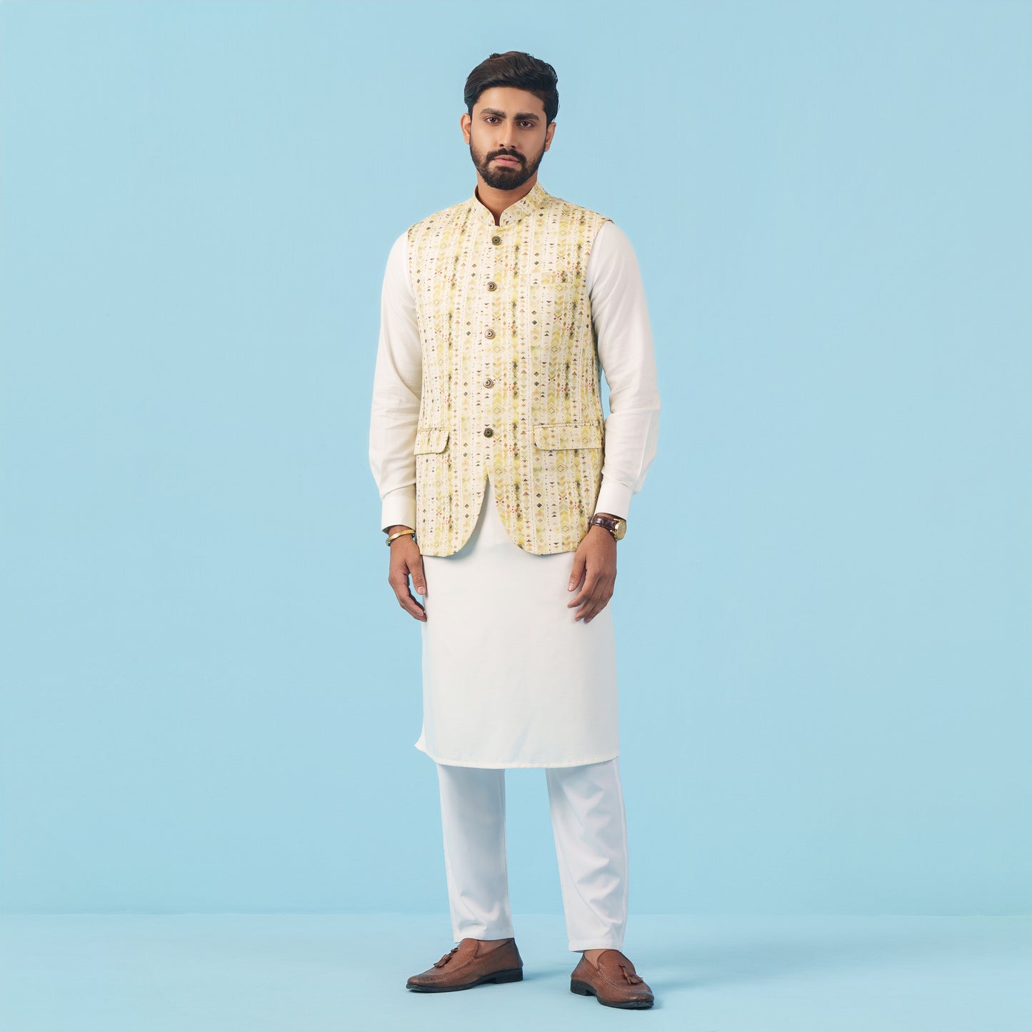 Signature Waistcoat (Cream-Olive Print)