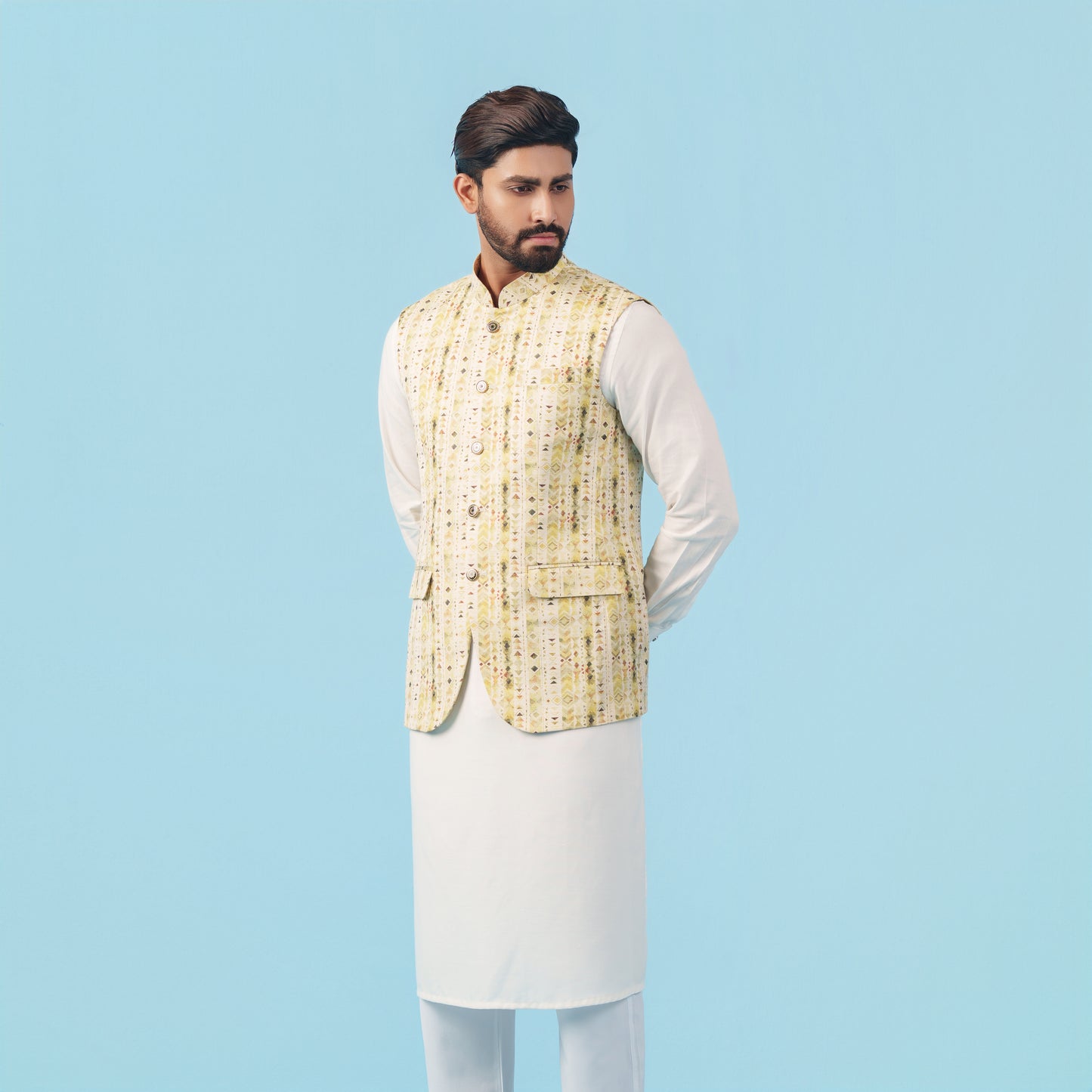 Signature Waistcoat (Cream-Olive Print)