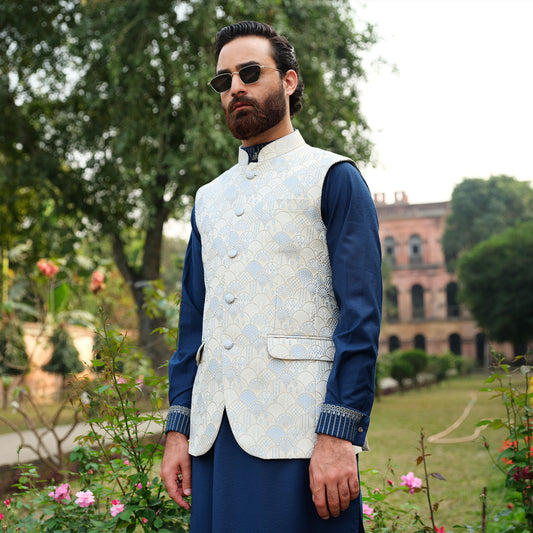 Imperial WaistCoat (Off White-Sky Blue Embroidery)