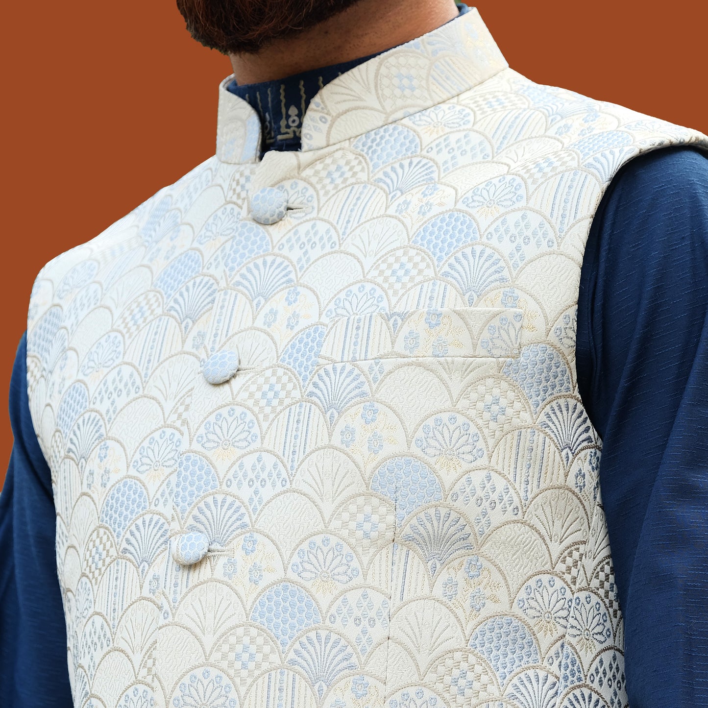 Imperial WaistCoat (Off White-Sky Blue )