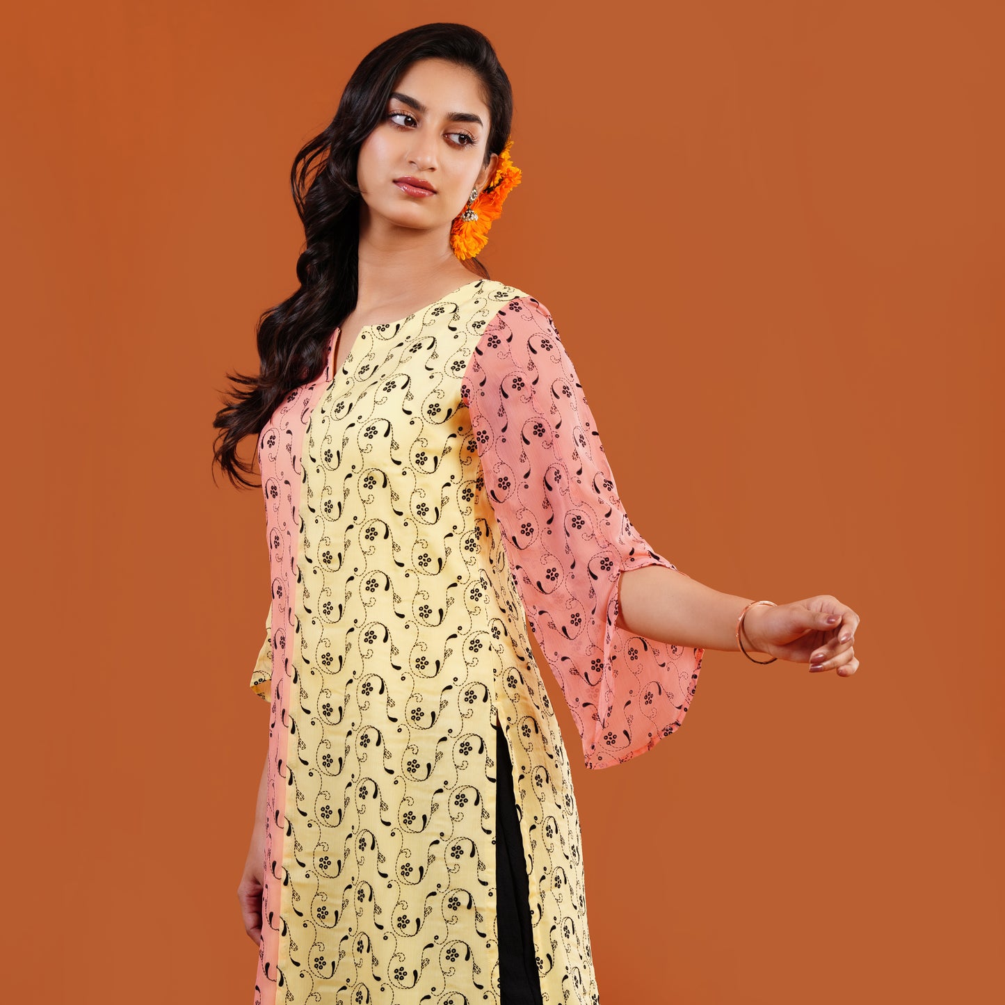 Royal Kurti (Soft Peach & Pastel Yellow)