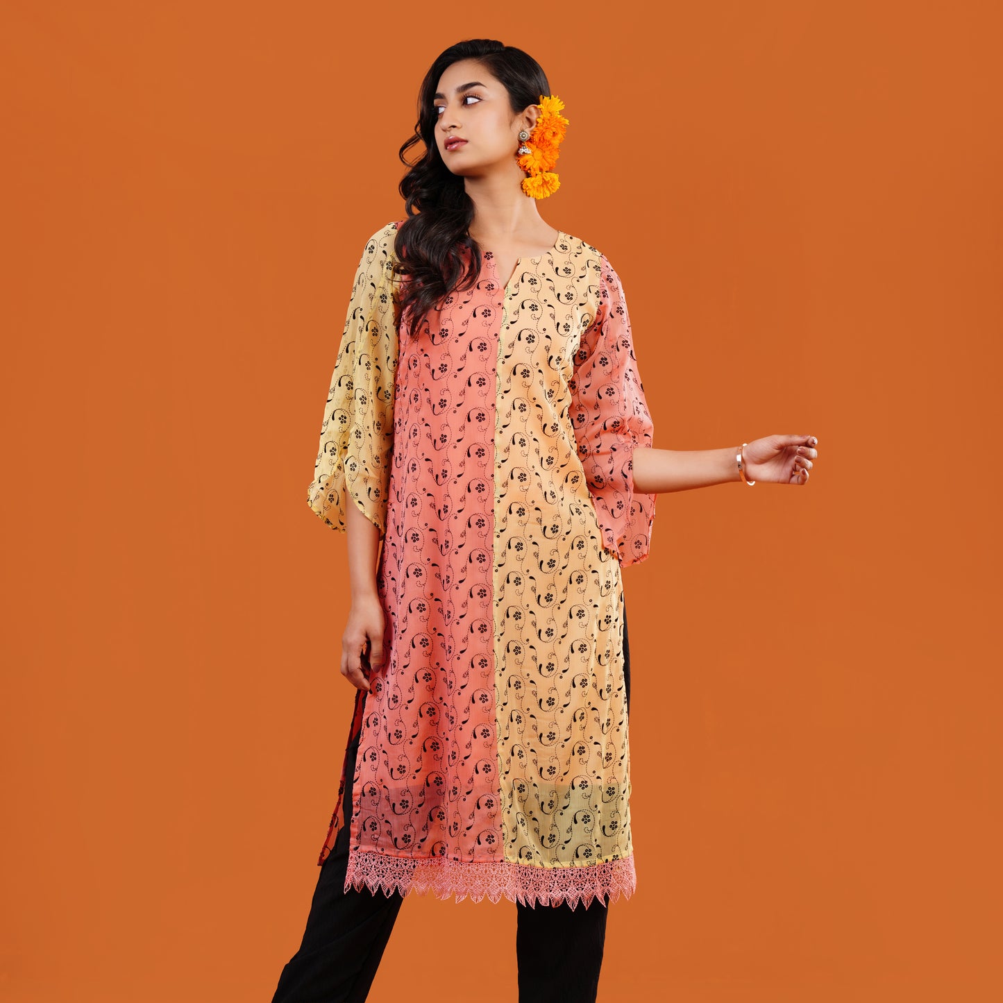 Royal Kurti (Soft Peach & Pastel Yellow)