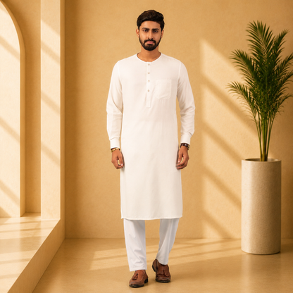Royal Panjabi (White Round Neck)