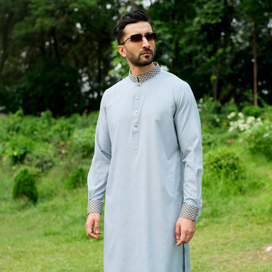 Man wearing a light blue kurta with a patterned collar in a green outdoor setting