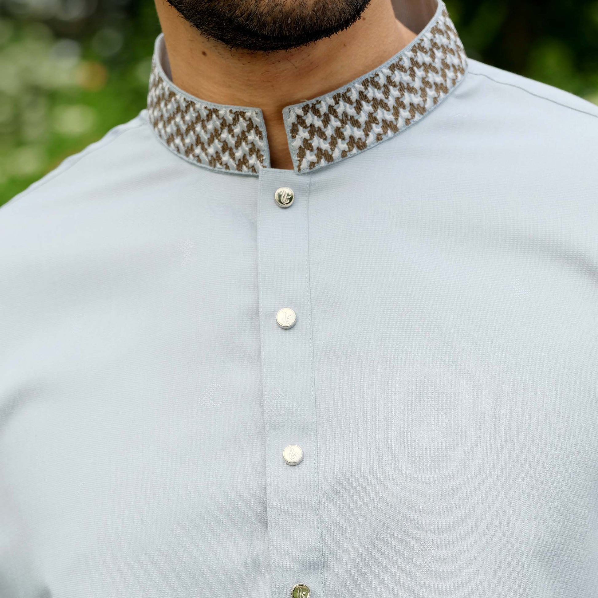 Light blue shirt with patterned collar worn by a person, blurred green background