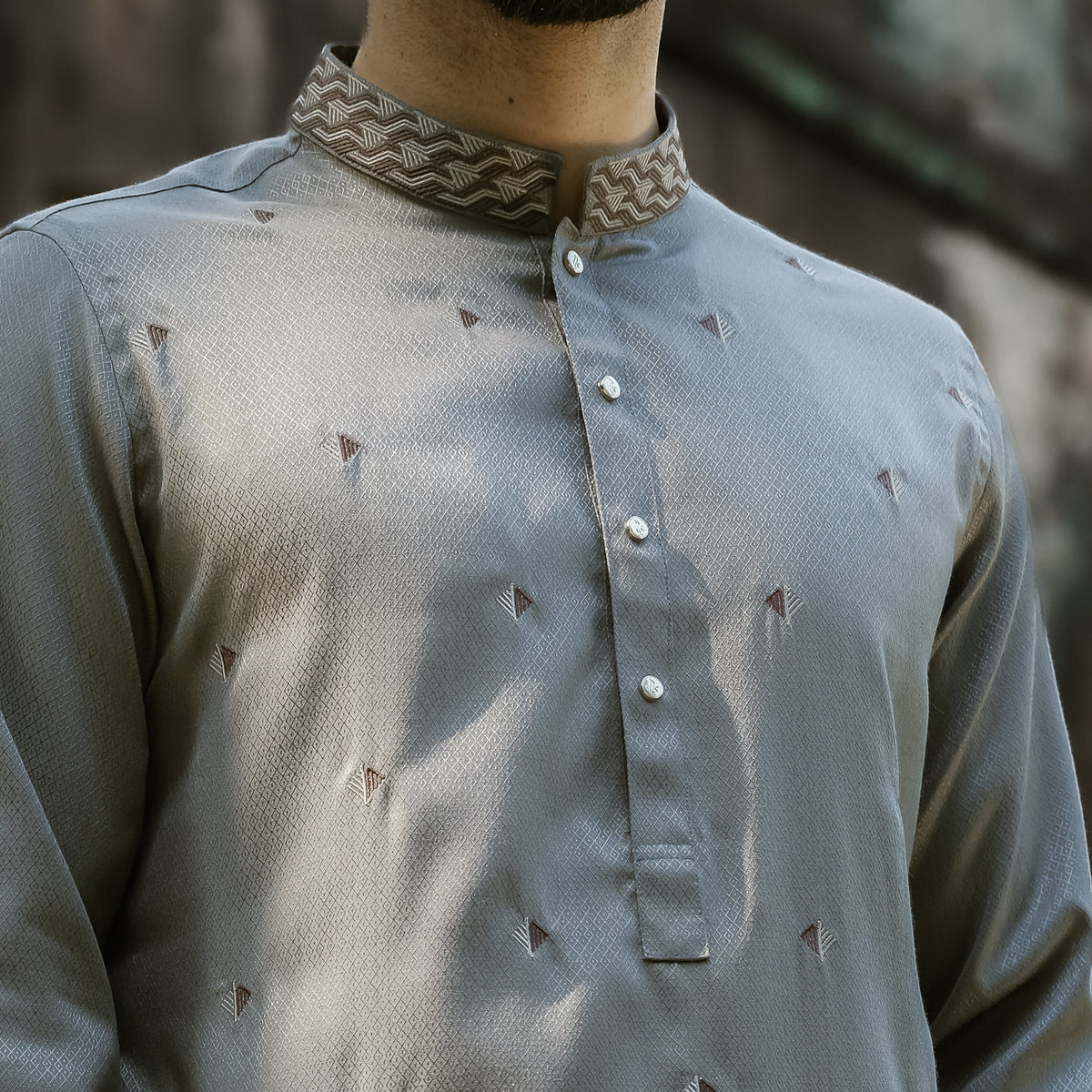 MEN WEARING A YAMAAN IMPERIAL PANJABI, FOCUSING ON CHEST DESIGN, WORK ON COLLAR 