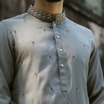 MEN WEARING A YAMAAN IMPERIAL PANJABI, FOCUSING ON CHEST DESIGN, WORK ON COLLAR 
