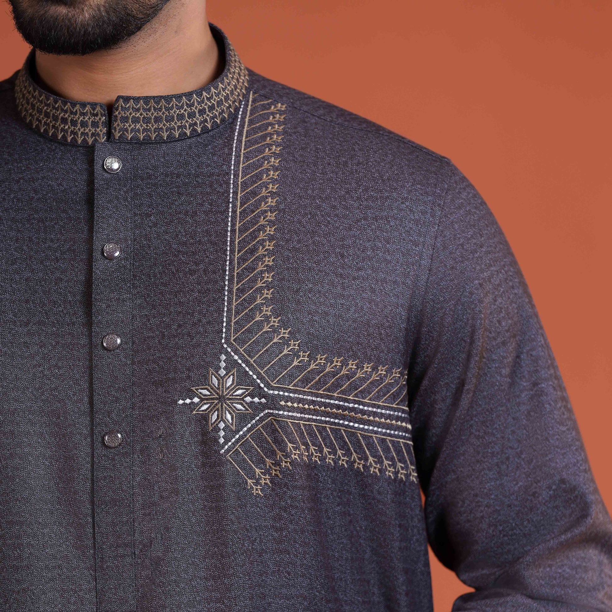 YAMAAN Dark gray embroidered panjabi with intricate patterns on a brown background
