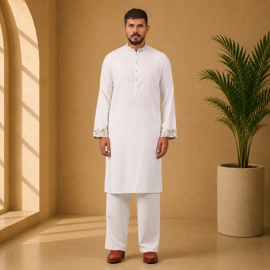 Man wearing a YAMAAN Royal White Panjabi with a beige wall and plant in the background