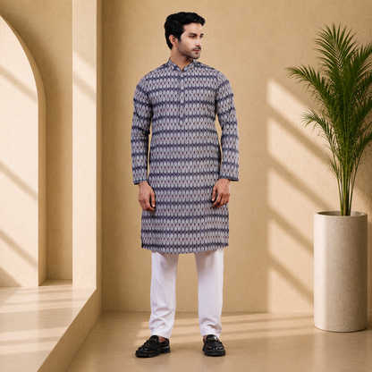 Man wearing a patterned Yamaan Royal Panjabi standing in a sunlit room with a plant.