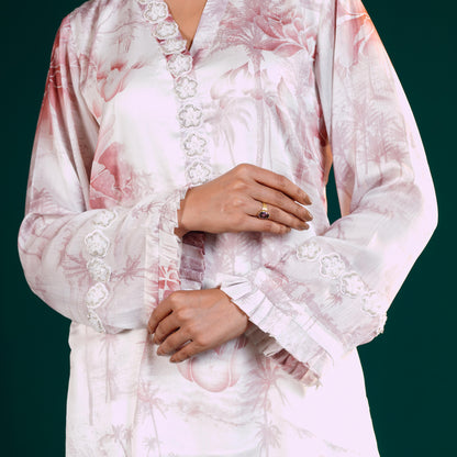Yamaan Light pink floral dress with lace details on a dark green background