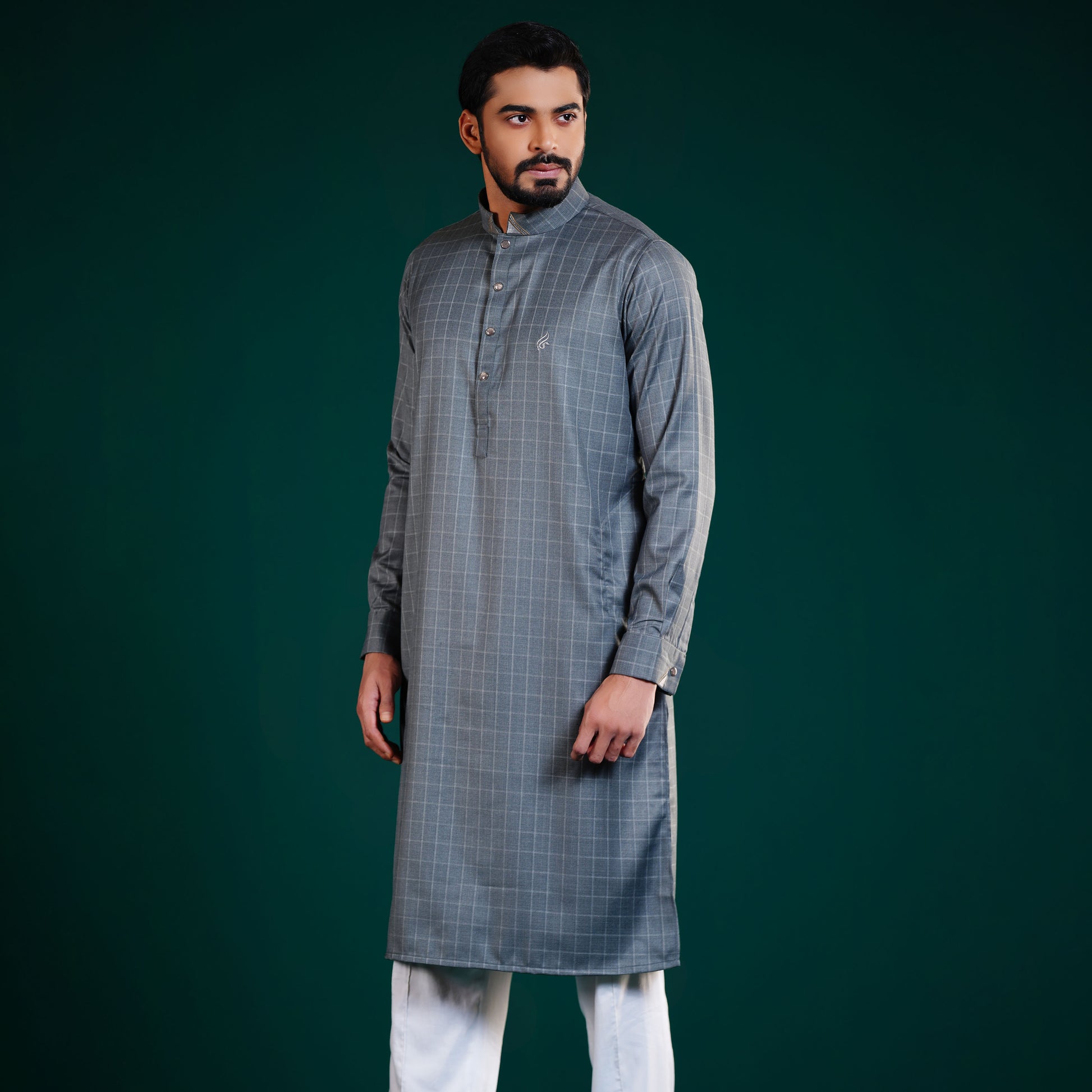 YAMAAN Light Olive Signature Panjabi made from premium tropical suiting with embroidered collar, double cuffs, and signature buttons.