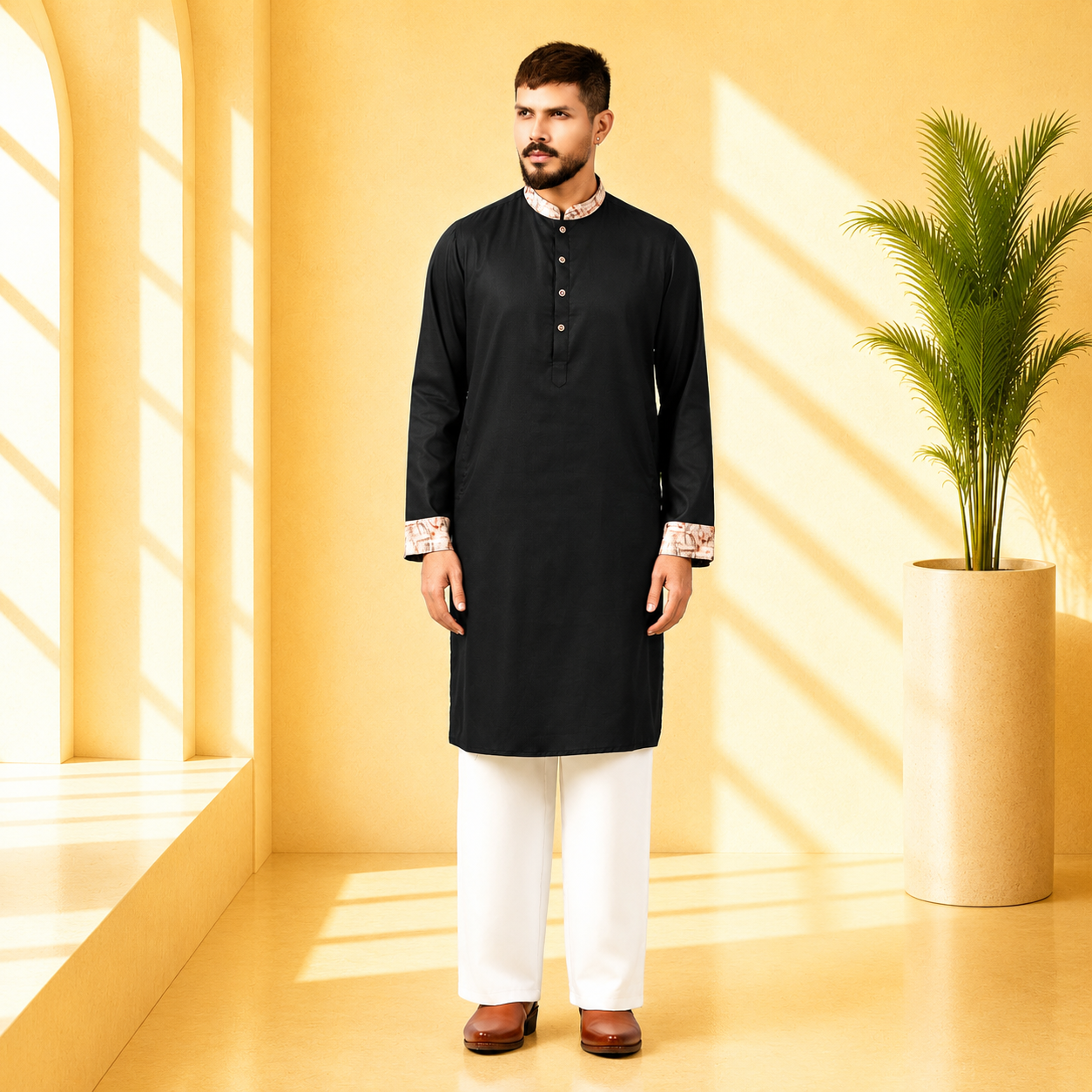 YAMAAN Royal Black Panjabi made from 100% fine cotton with abstract contrast collar, folded cuffs, and signature buttons.