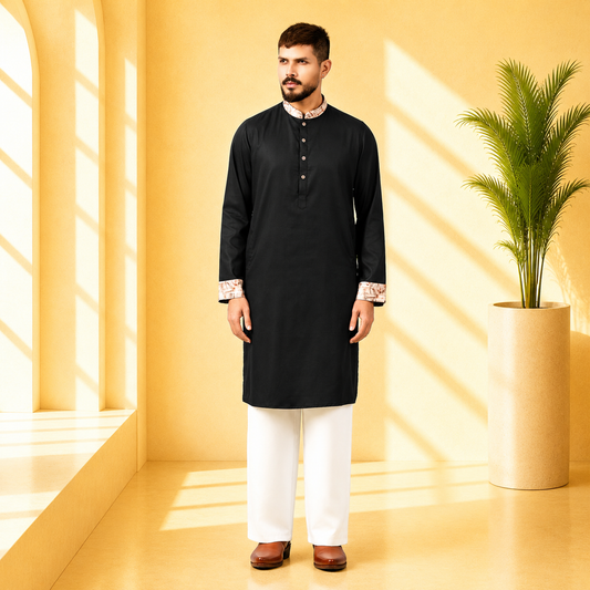 YAMAAN Royal Black Panjabi made from 100% fine cotton with abstract contrast collar, folded cuffs, and signature buttons.