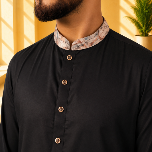 yamaan-royal-black-fine-cotton-panjabi with patterned collar against a neutral background