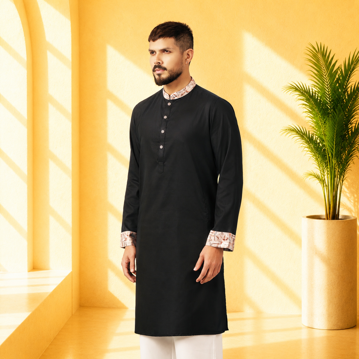 Man wearing a YAMAAN Royal Black Panjabi with white pants in a bright yellow room with a plant.