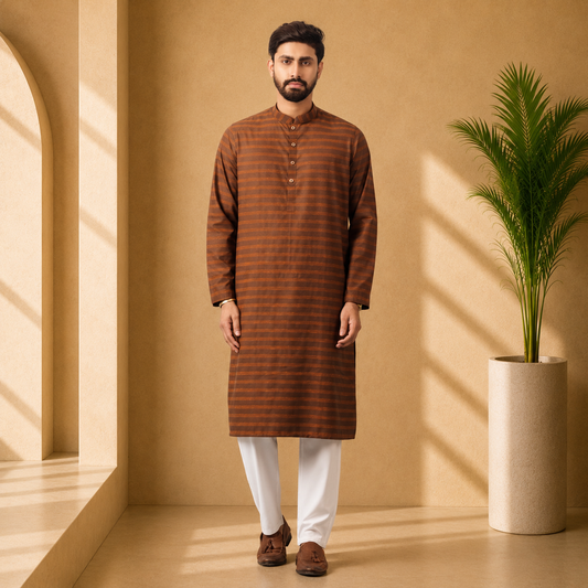 Man wearing a yamaan royal panjabi white pants in a sunlit room with a plant.