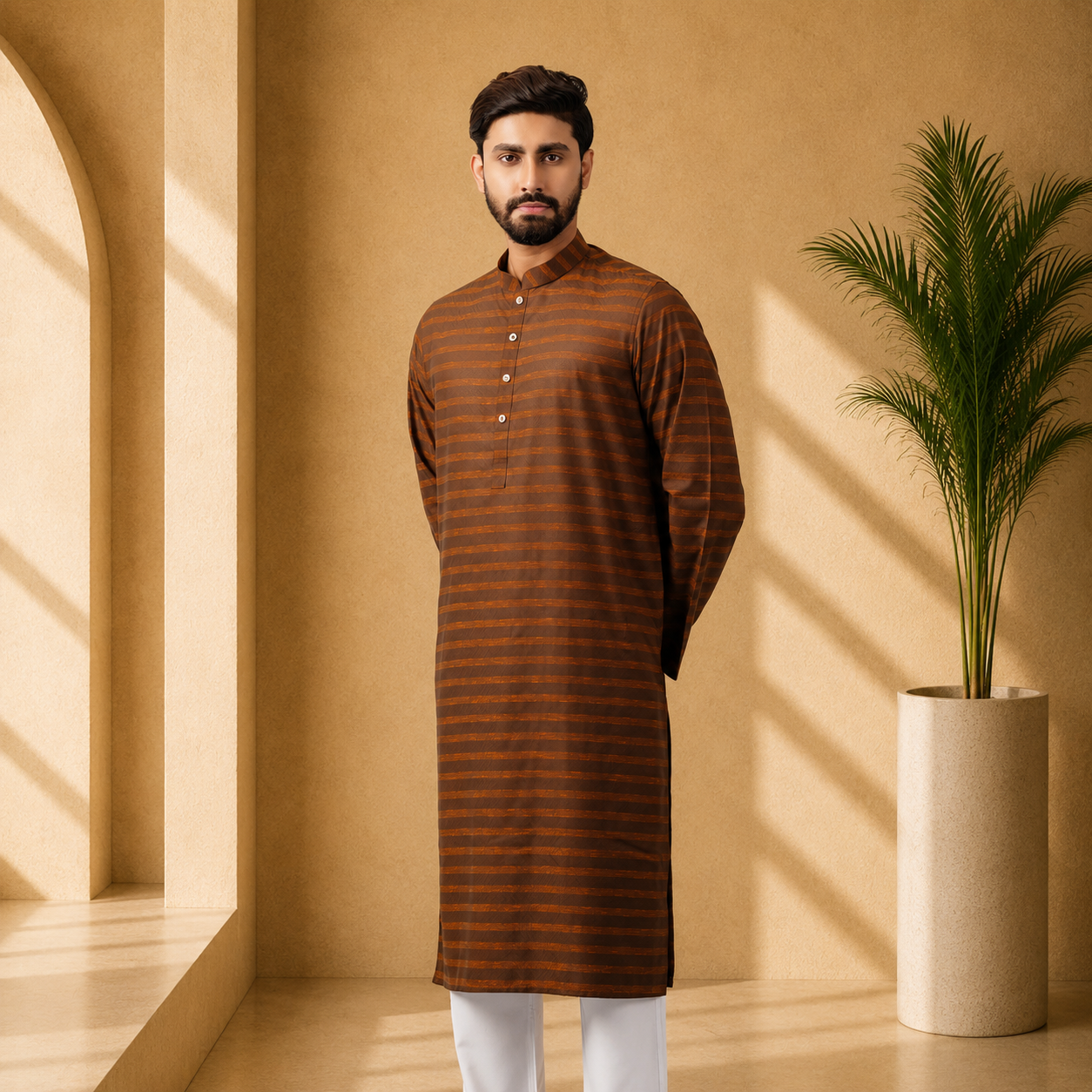 Man wearing a brown striped kurta standing in a sunlit room with a plant.