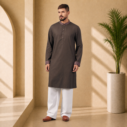 Man wearing a YAMAAN Royal Charcoal Panjabi with white pants in a sunlit room with a plant.