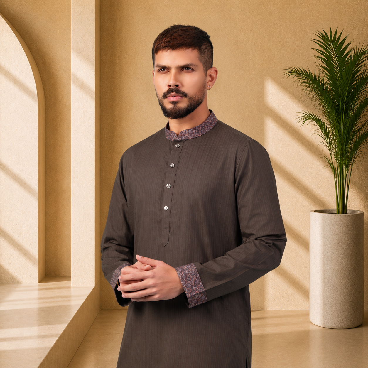 Man wearing a Yamaan Royal panjabi with a patterned collar in a well-lit room with a plant.