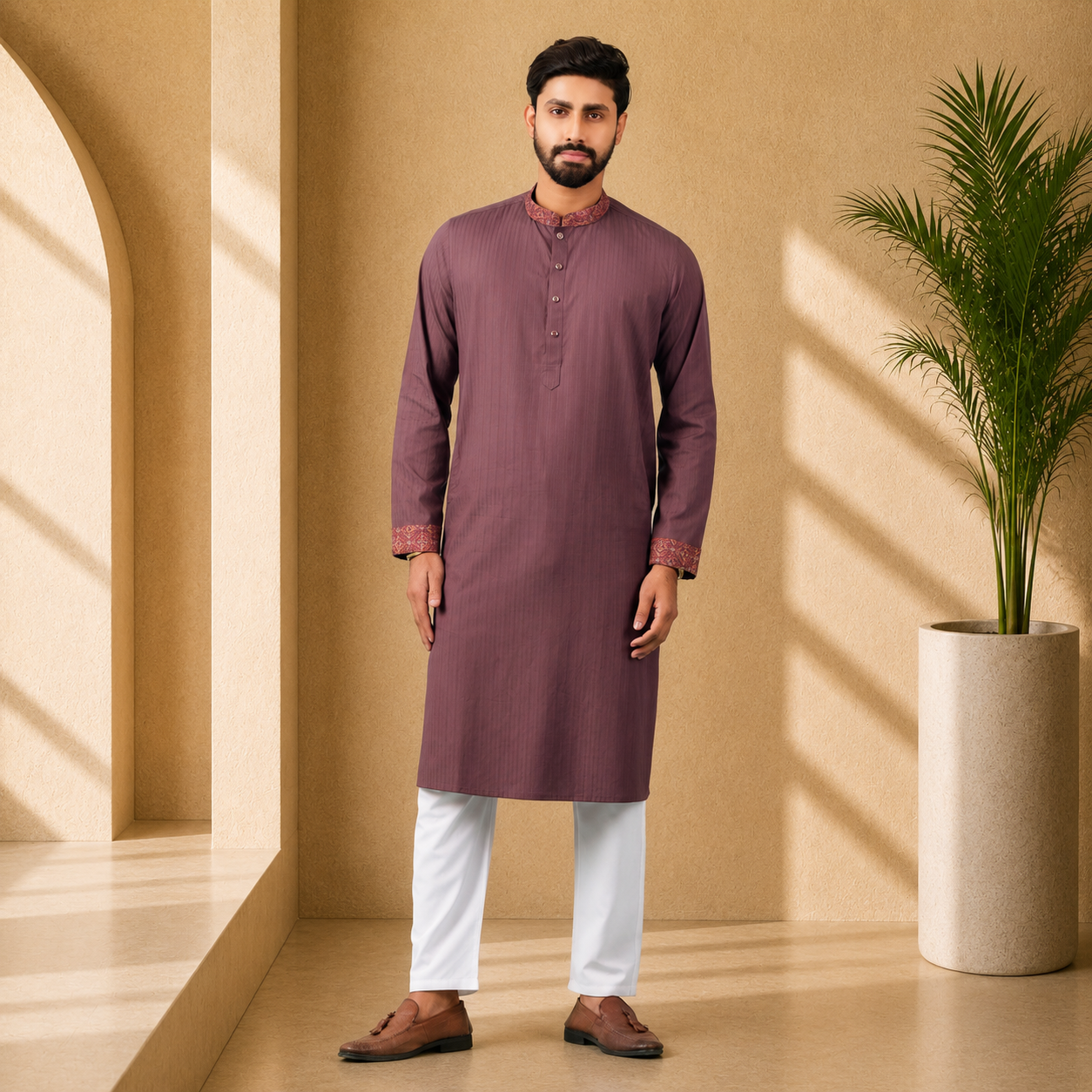 Man wearing a YAMAAN Royal Chocolate panjabi with white pants standing in a sunlit room with a plant.