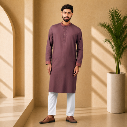 Man wearing a YAMAAN Royal Chocolate panjabi with white pants standing in a sunlit room with a plant.