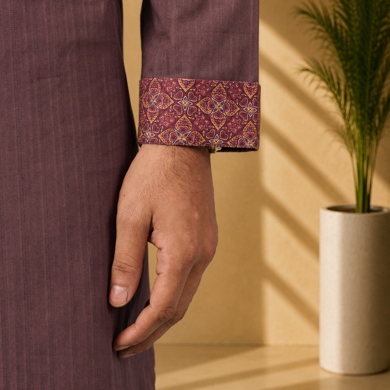 Close-up of a person wearing a YAMAAN Royal Chocolate Panjabi with patterned cuffs, standing against a beige wall with a plant in the background.