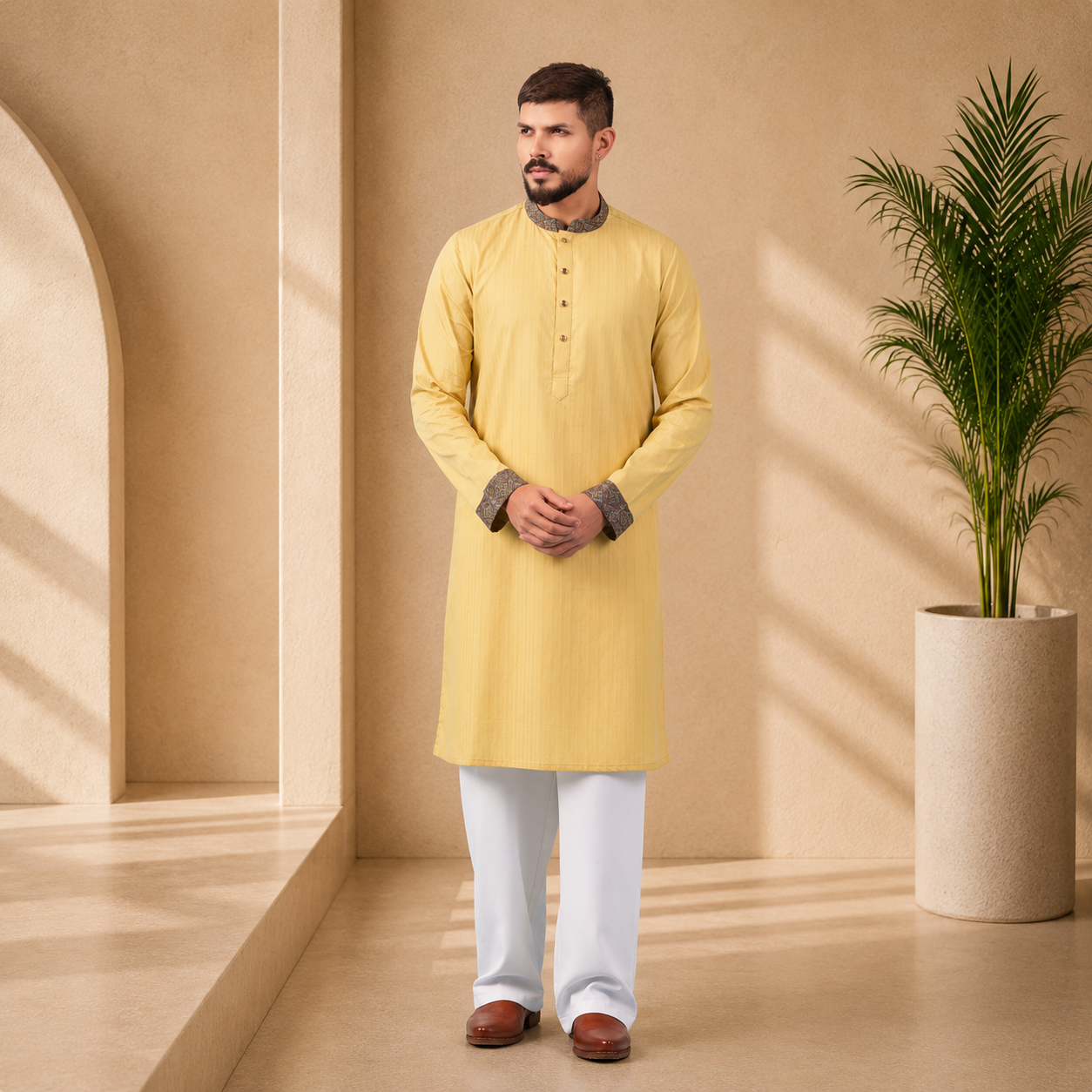 YAMAAN Royal Mustard Panjabi made from 100% cotton dobby with contrast collar, folded cuffs, and signature buttons.