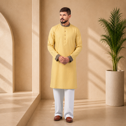 YAMAAN Royal Mustard Panjabi made from 100% cotton dobby with contrast collar, folded cuffs, and signature buttons.