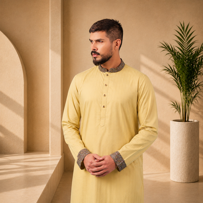 Man wearing a YAMAAN Royal Mustard Panjabi with patterned cuffs in a beige interior setting.