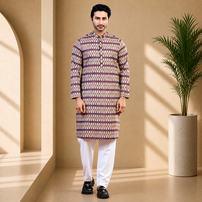 Yamaan Royal Panjabi Burnt Orange Geometric Print for Men