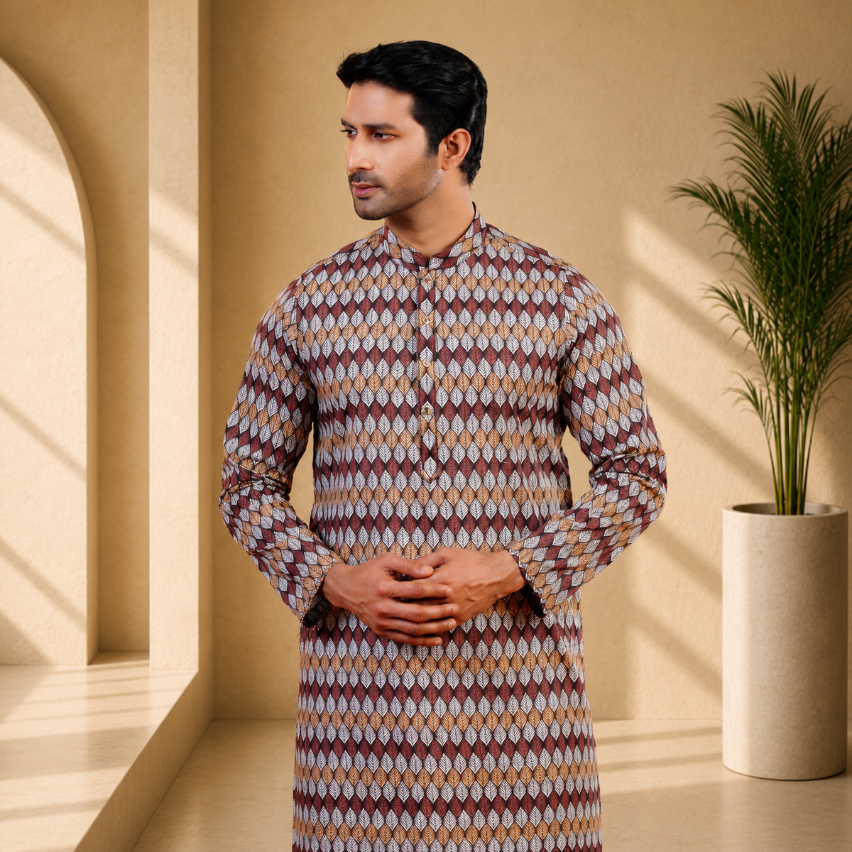 Yamaan Royal Panjabi Burnt Orange Geometric Print for Men