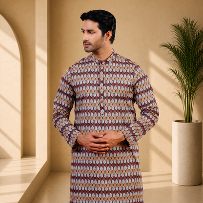 Yamaan Royal Panjabi Burnt Orange Geometric Print for Men