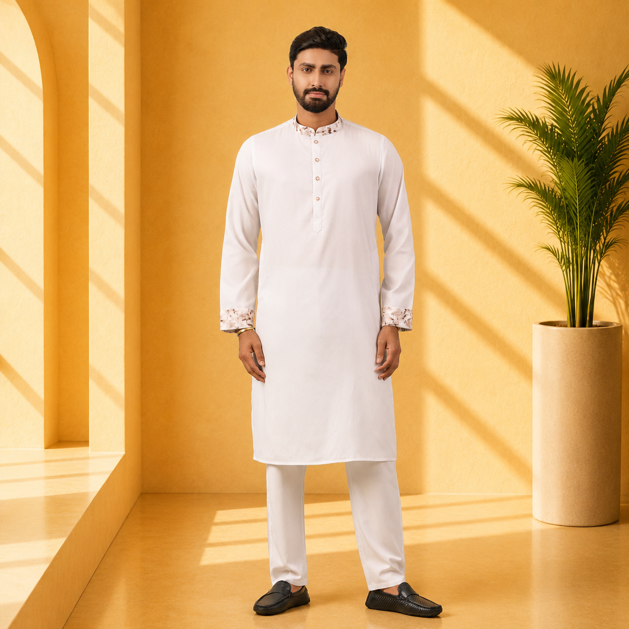 Man wearing a yamaan royal panjabi standing in a sunlit room with a plant.