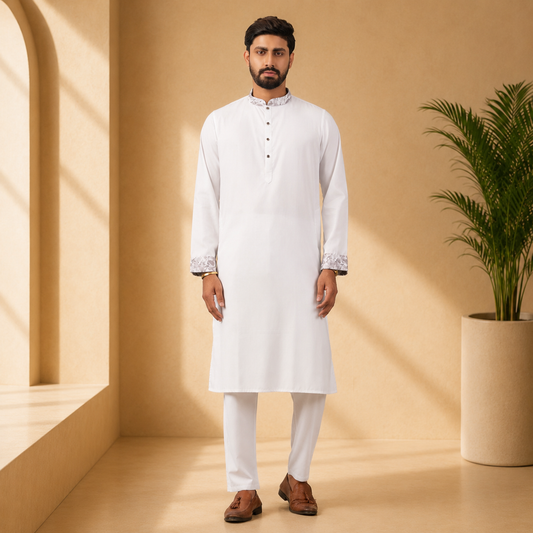 Man wearing a yamaan royal panjabi with white pants in a beige room with a plant.