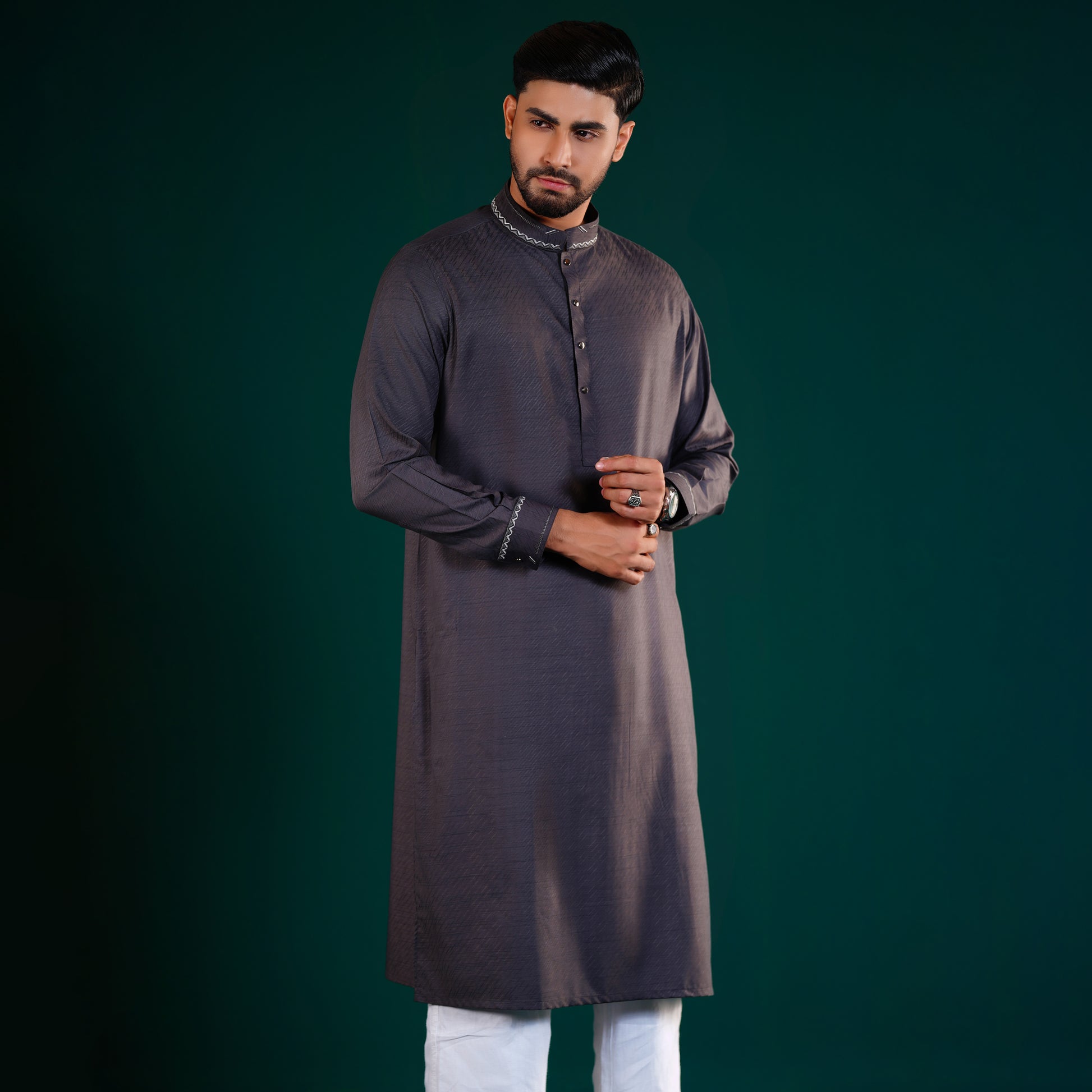 YAMAAN Signature Panjabi made from 100% cotton jacquard with embroidered collar, embroidered cuffs, and signature buttons.