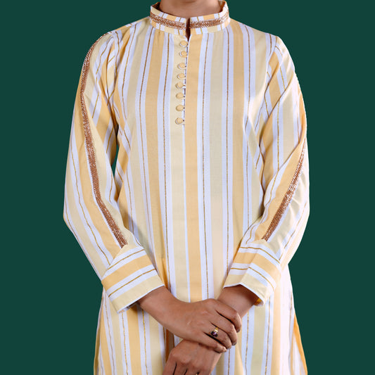 Yellow and white yamaan signature striped kurta with brown accents on a green background
